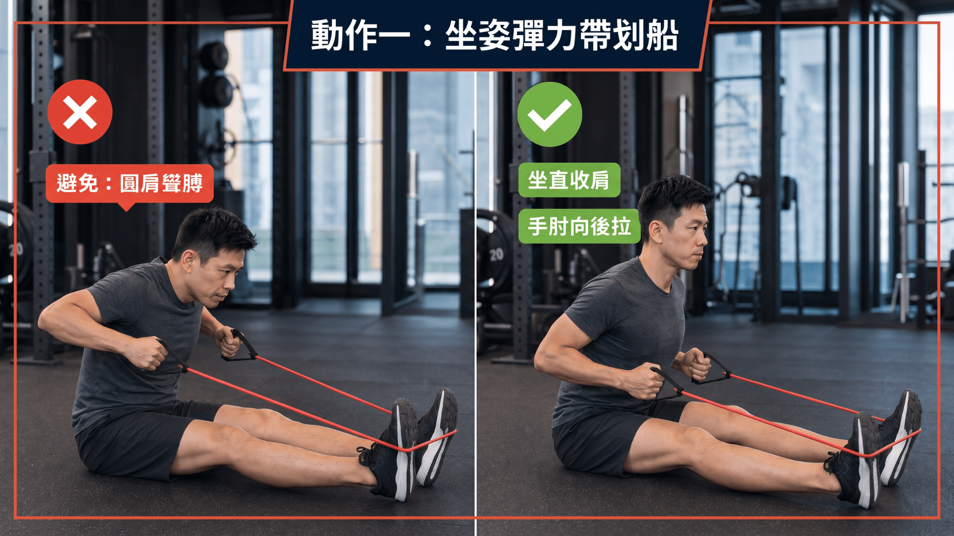 坐姿彈力帶划船正確與錯誤對照圖，示範手肘近身向後拉、避免圓肩聳膊