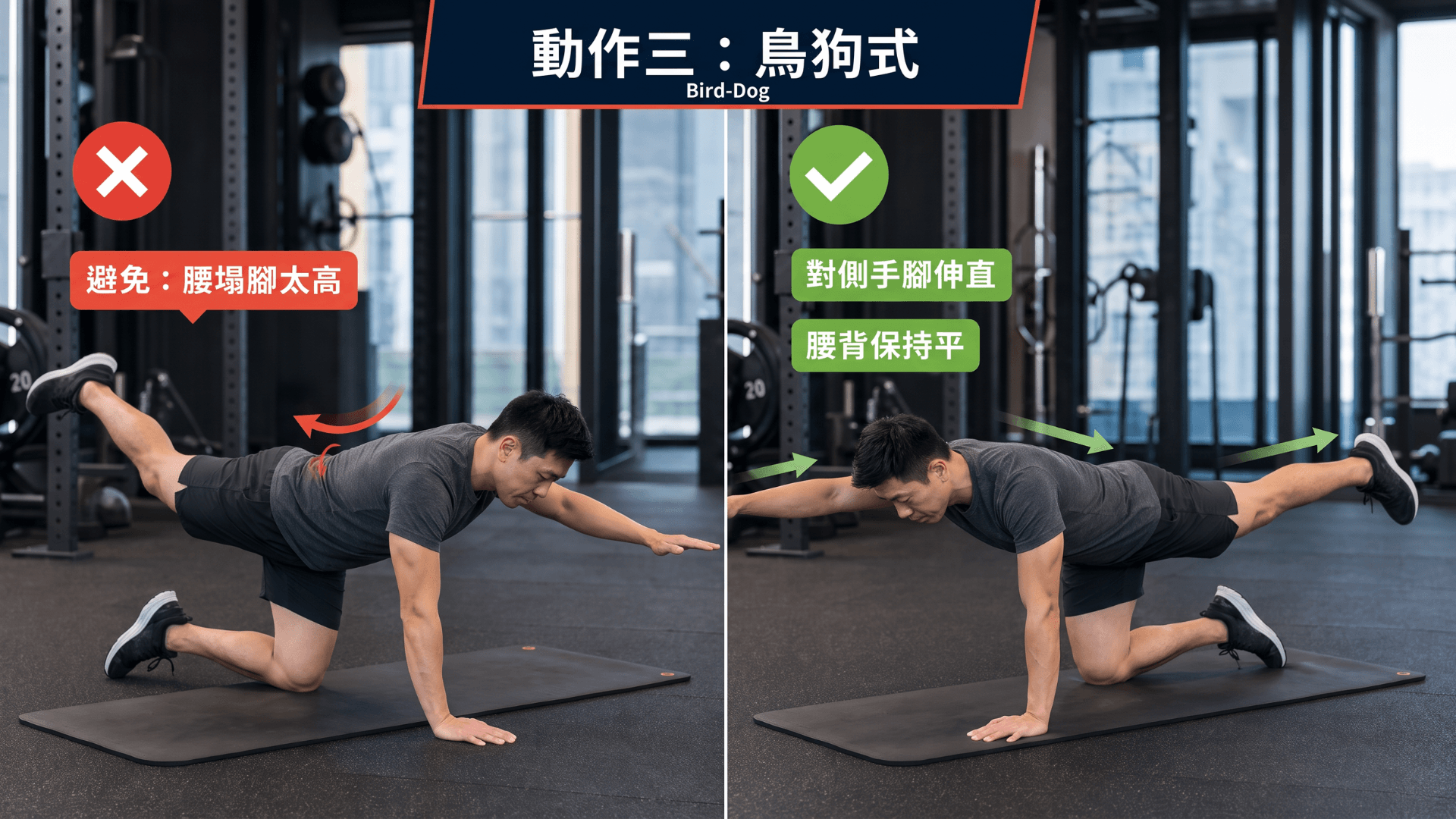 鳥狗式正確與錯誤對照圖，示範伸出對側手腳、腰背保持平，避免腳太高而塌腰