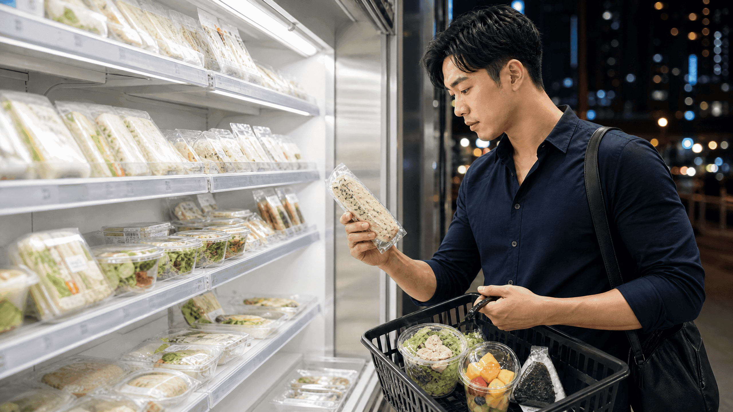 香港便利店冷藏貨架前查看即食食品