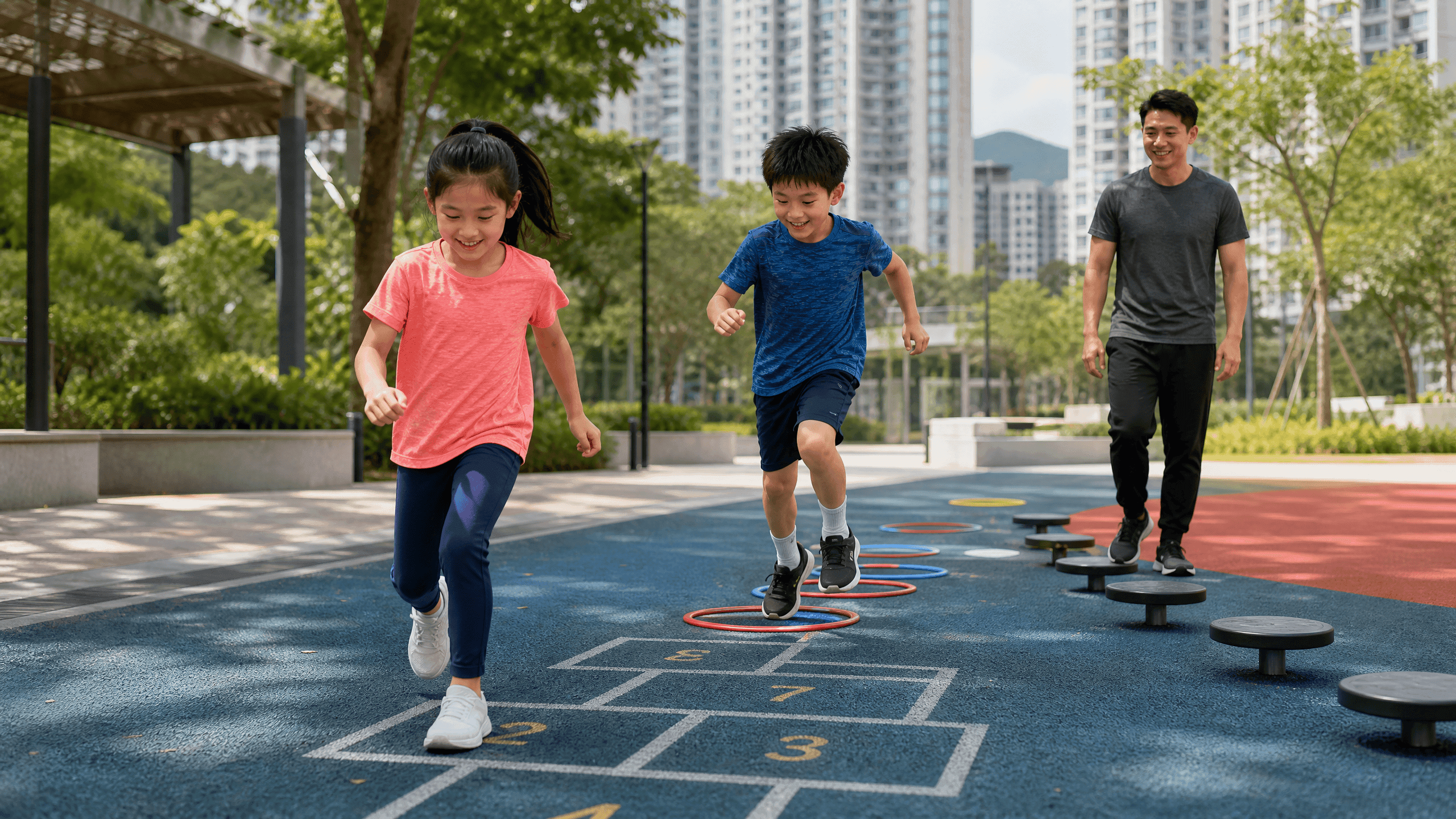 香港兒童在戶外公園進行跑跳和平衡活動