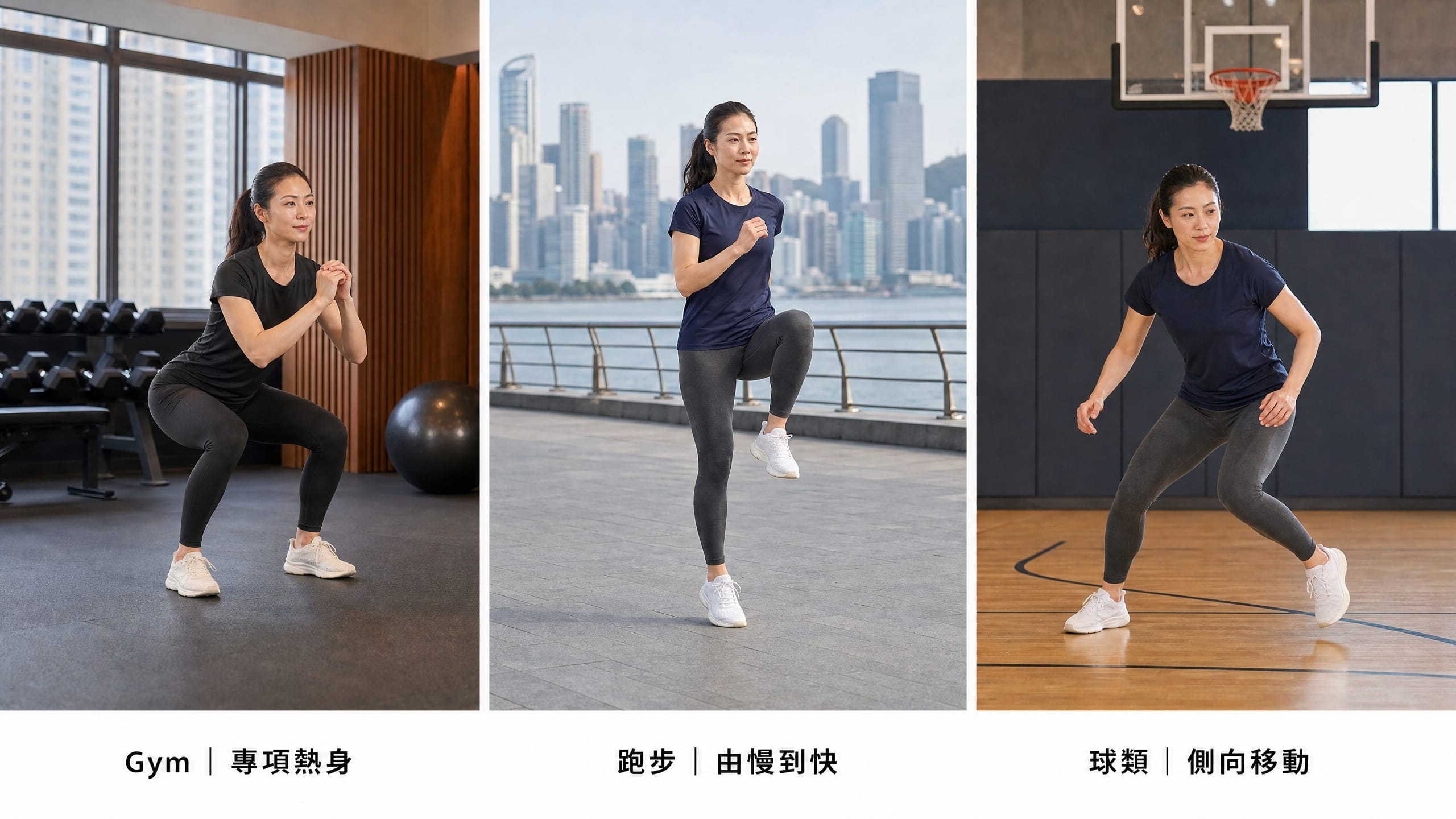 三位真人分別在健身室、跑步前和球場進行與活動相關的動態暖身