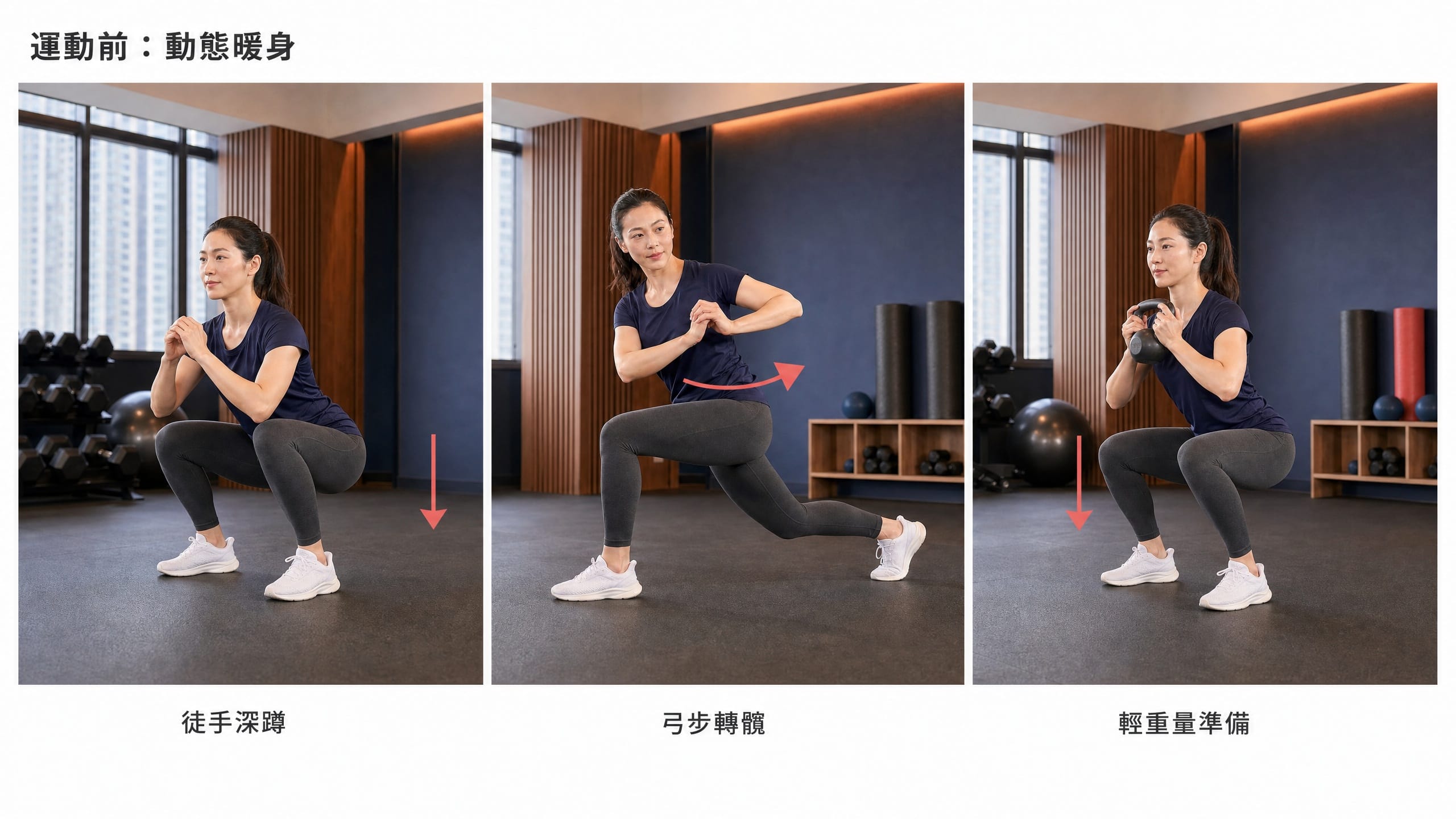 健身室內真人示範運動前動態伸展暖身,包括徒手深蹲和弓步轉髖