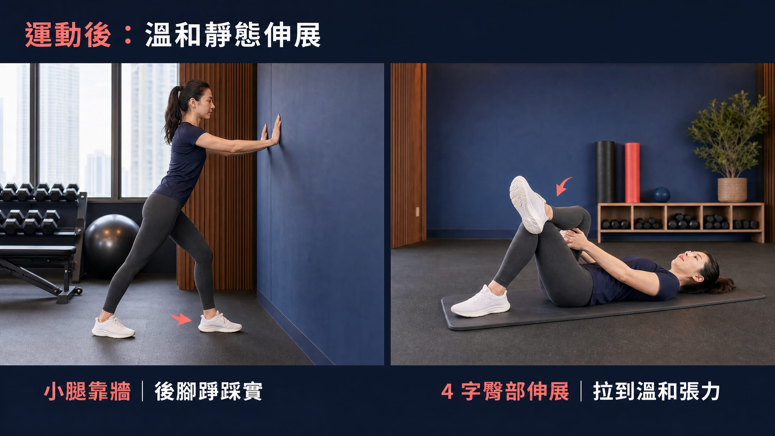 真人示範運動後靜態伸展,包括小腿靠牆和仰臥4字臀部伸展的正確支撐位置