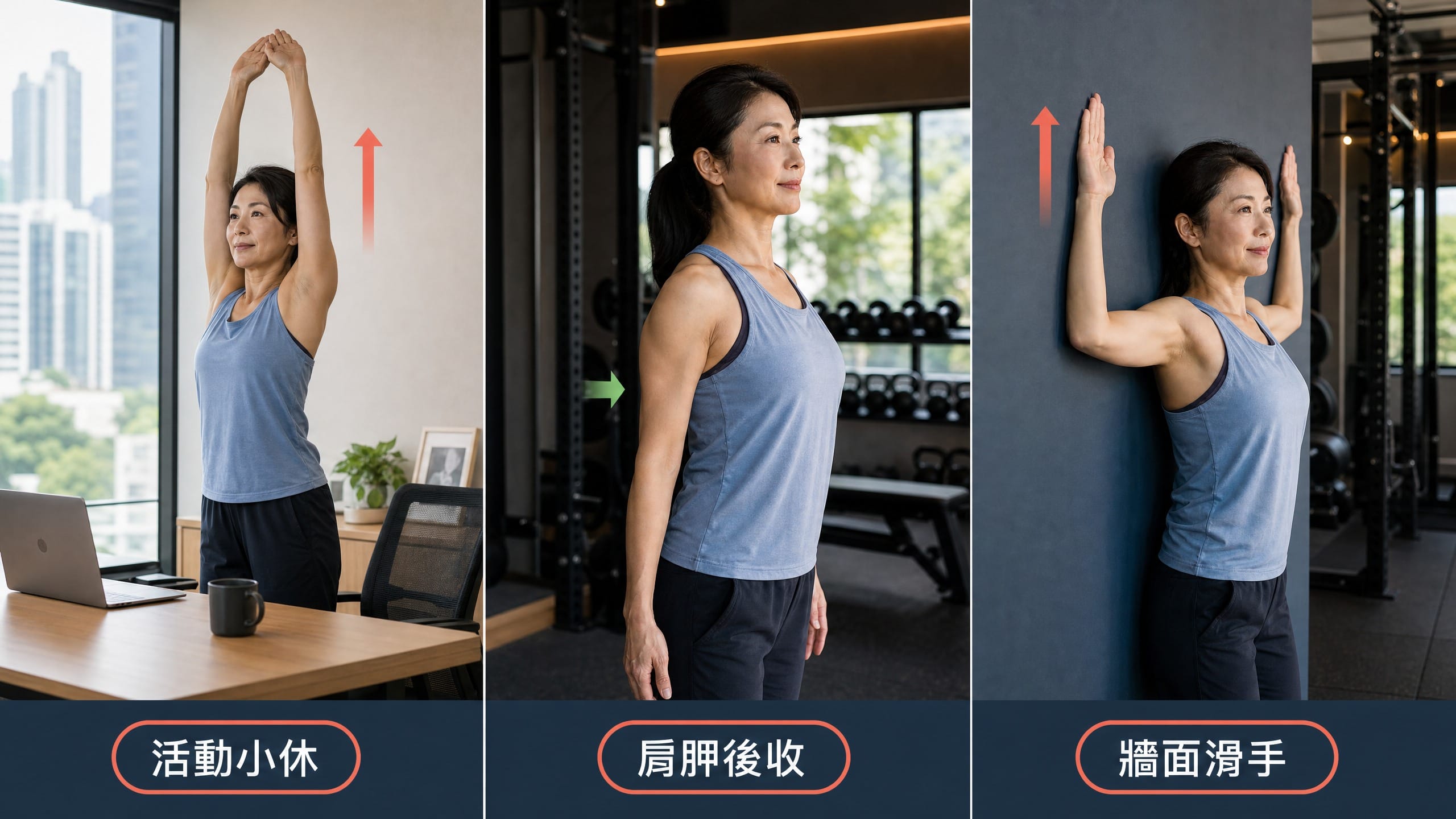 真人示範50肩預防日常肩膀活動,包括活動小休、肩胛後收和牆面滑手