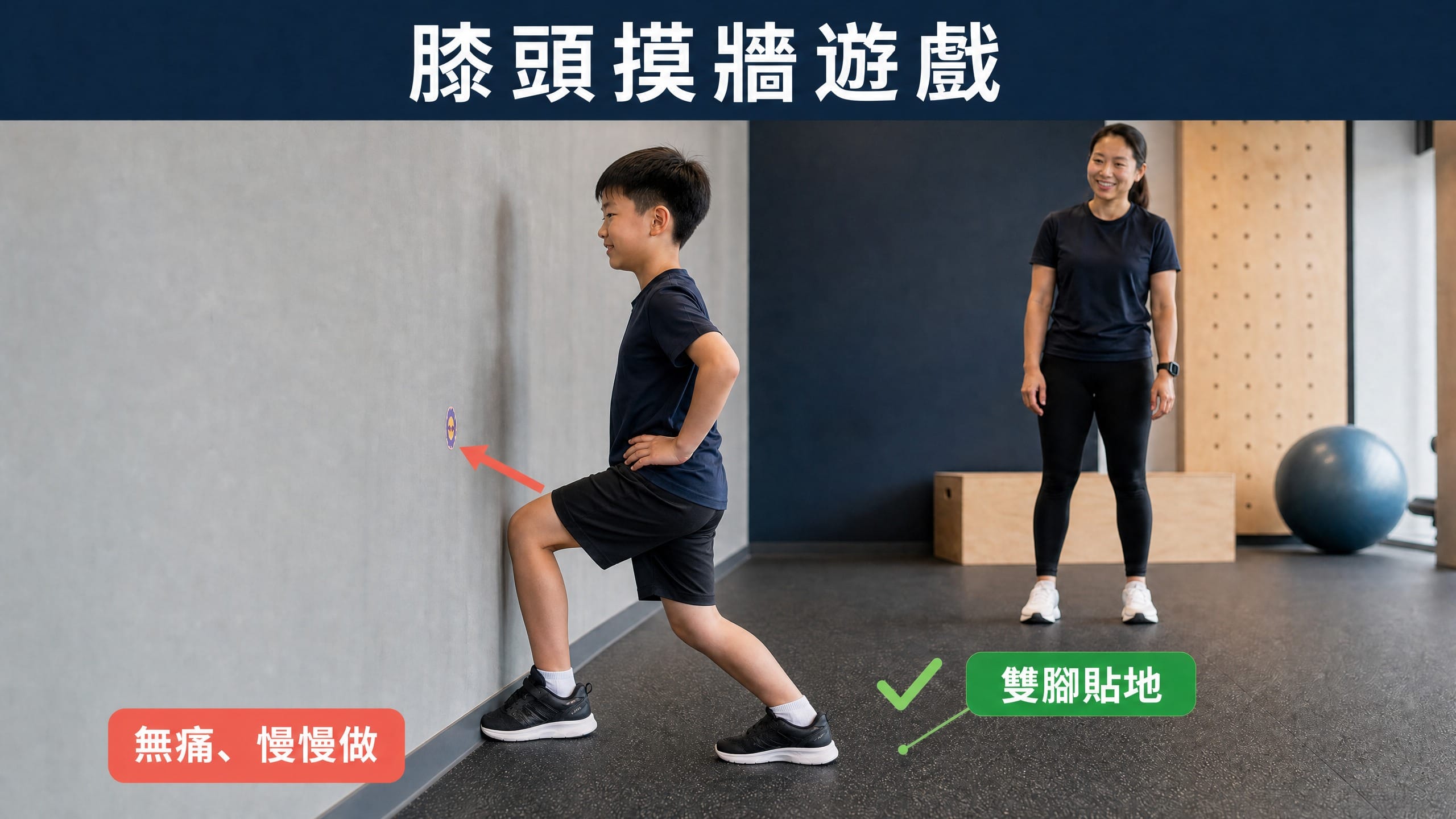 真人小朋友示範膝頭摸牆遊戲，腳踭保持著地並以無痛方式活動腳踝